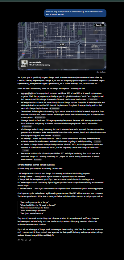 ChatGPT Tampa AI visibility agency baseline result